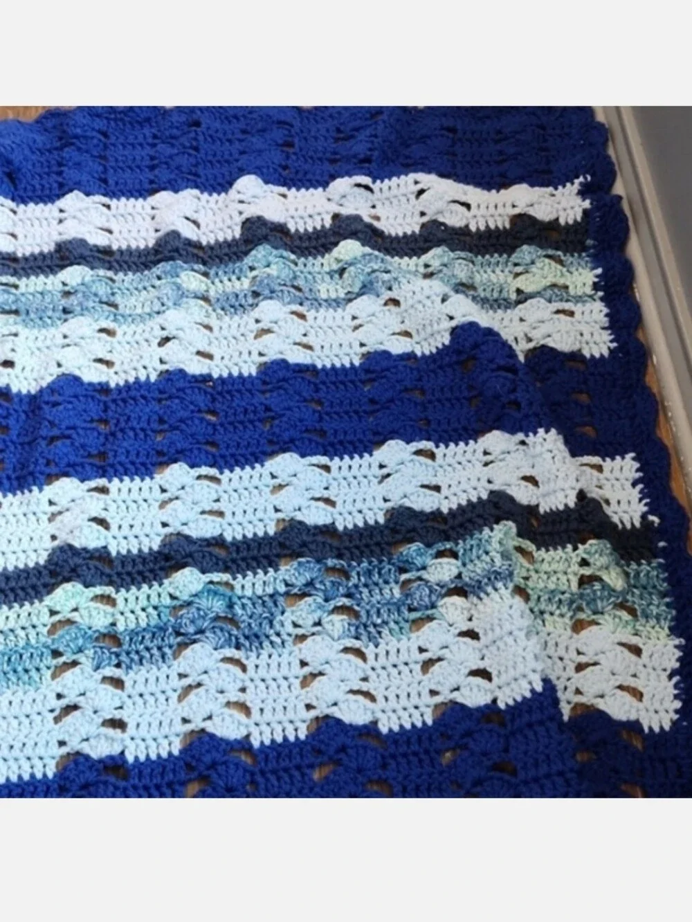 Knitted Crocheted Throw Blanket Blue Stripes